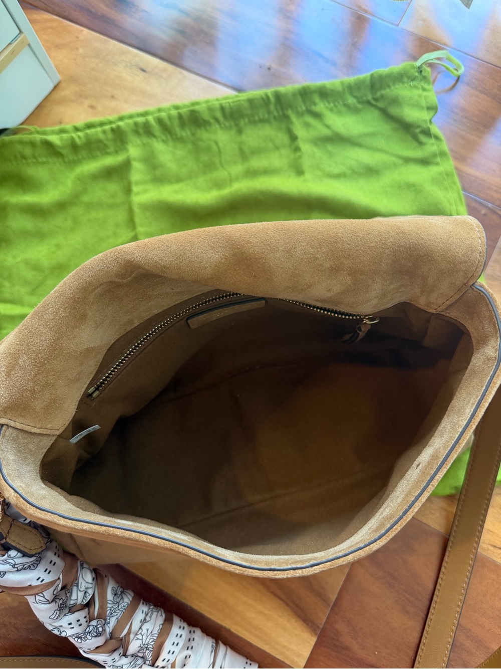 Tory Burch Charlie Medium Suede Shoulder Bag in Tan Brown with Scarf - Picture 5 of 8